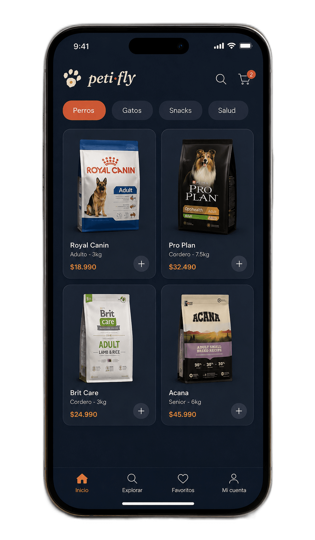 App Petifly mostrando catálogo de productos para mascotas